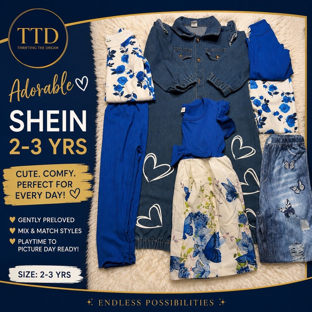SHEIN Toddler Girls Blue White Clothing Lot 2-3Y Jumpsuit Dress Leggings 7pc Set